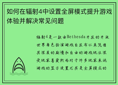 如何在辐射4中设置全屏模式提升游戏体验并解决常见问题